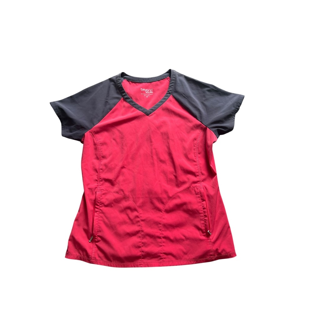 Beyond Scrubs Women's Medium Scrub Top Pink Gray V Neck Stretch Short Sleeve